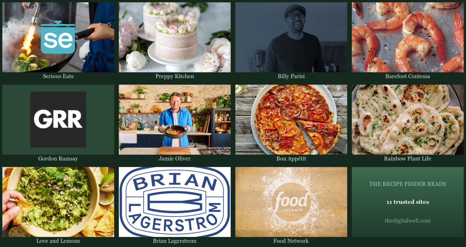A grid of preview images from the eleven cooking sites the recipe finder reads: Serious Eats, Preppy Kitchen, Billy Parisi, Barefoot Contessa, Gordon Ramsay, Jamie Oliver, Bon Appetit, Rainbow Plant Life, Love and Lemons, Brian Lagerstrom, and Food Network.